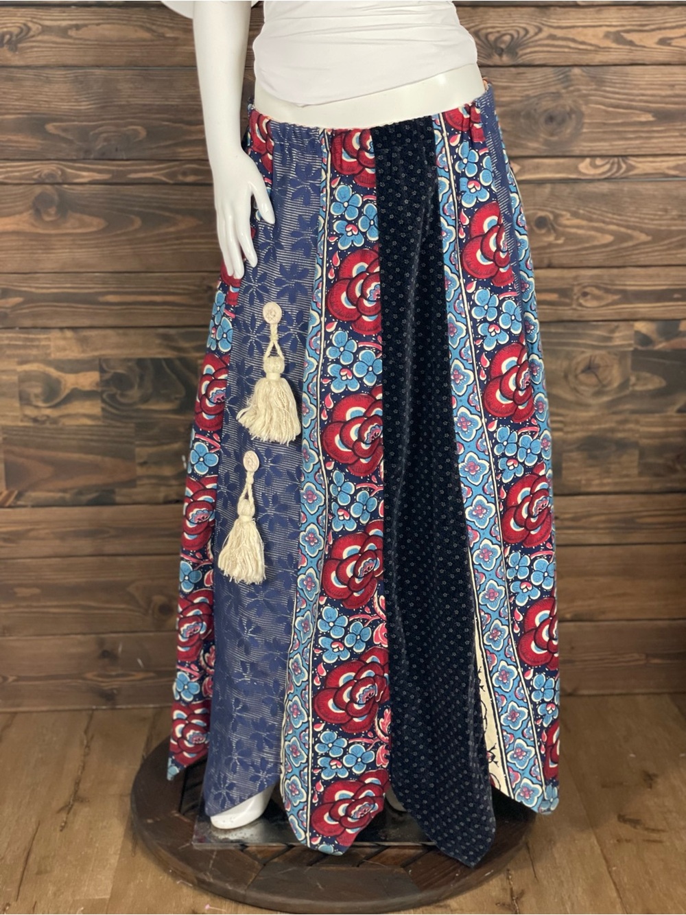 Chessa Davis | Vintage Boho Patchwork Maxi Skirt Floral‎ Lace Velvet Tassels